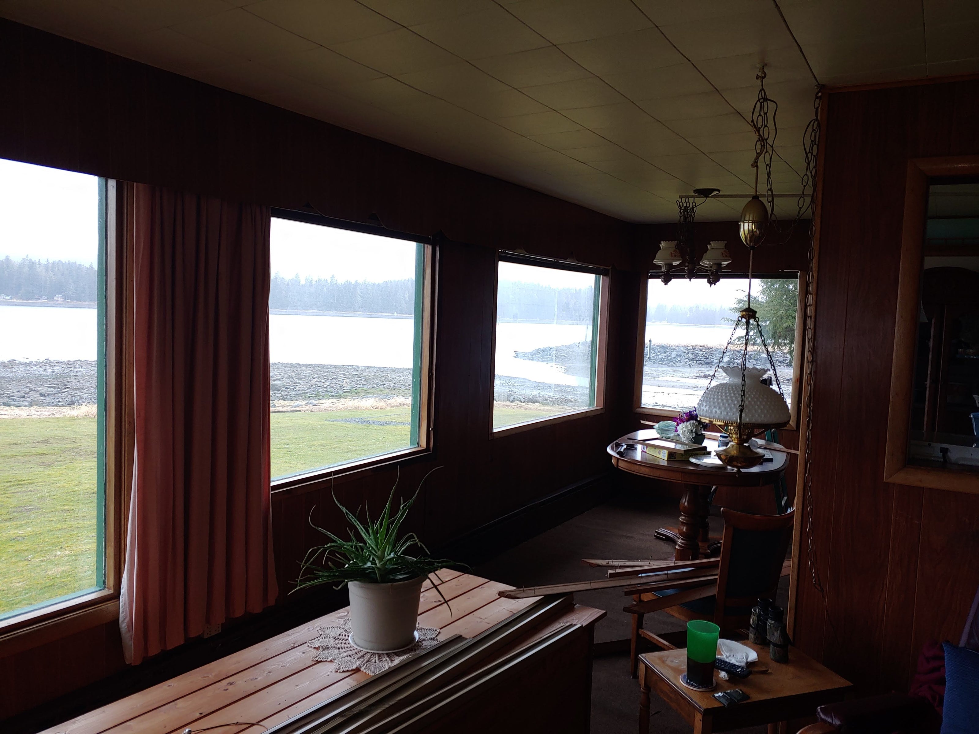 interior of a room with a view of a water