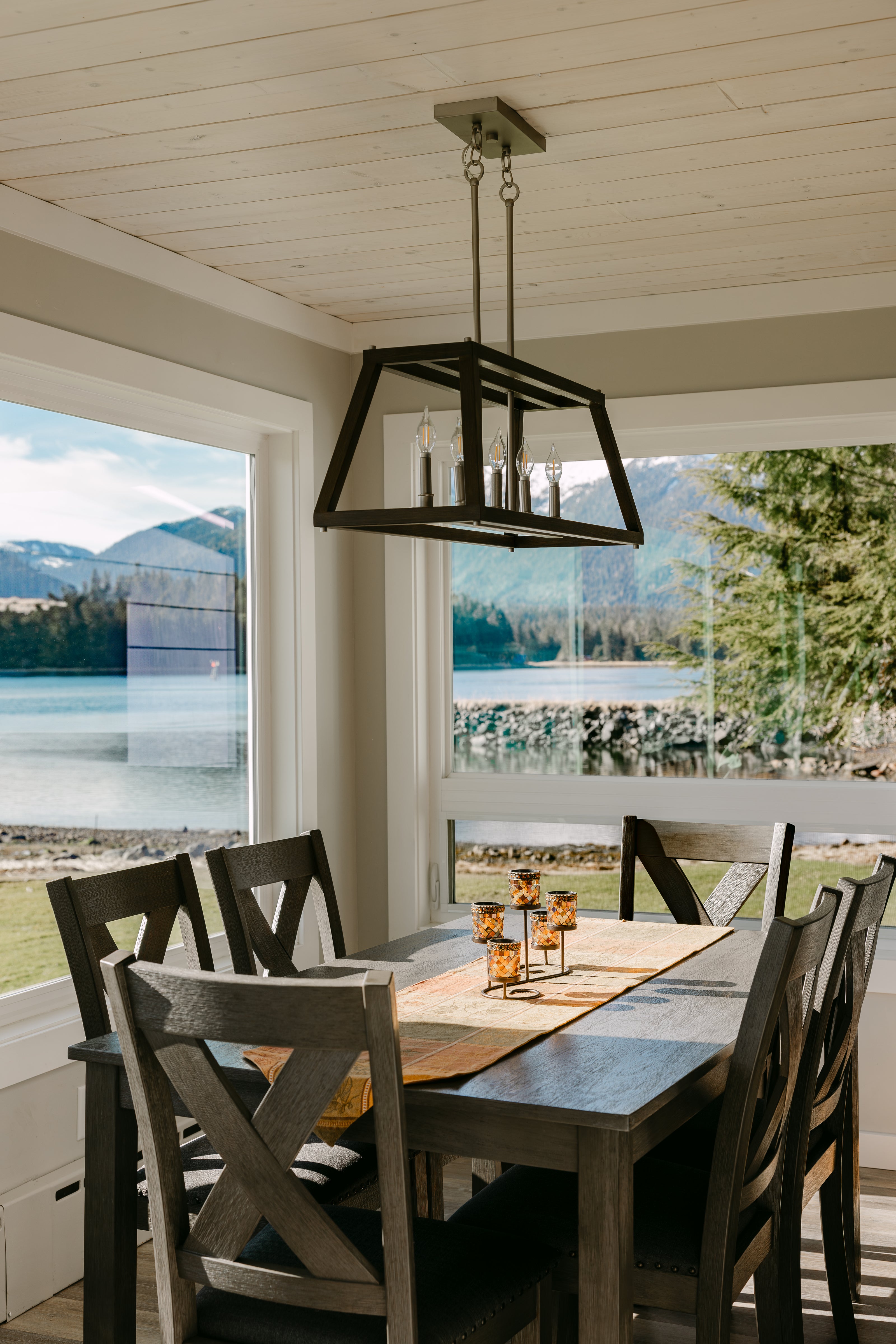 dining area with a view of a lake 